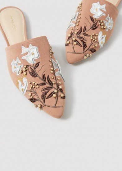 MANGO Embroidered shoes in pale pink | beaded flat mules - flipped