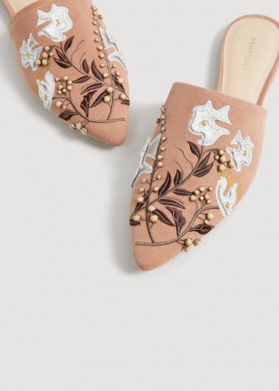 MANGO Embroidered shoes in pale pink | beaded flat mules