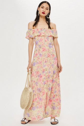 TOPSHOP Floral Maxi Bardot Dress in pink – off shoulder summer frock