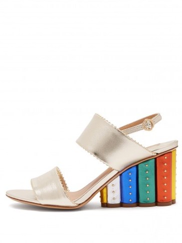 SALVATORE FERRAGAMO Gavi rainbow-heeled wedge sandals ~ pale metallic-gold chunky heel slingbacks - flipped