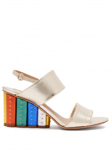 SALVATORE FERRAGAMO Gavi rainbow-heeled wedge sandals ~ pale metallic-gold chunky heel slingbacks
