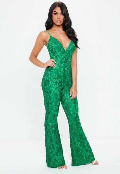 Missguided green all over lace wrap jumpsuit | plunging necklines - flipped