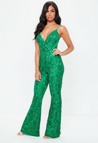 Missguided green all over lace wrap jumpsuit | plunging necklines