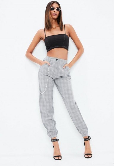 Missguided grey check chain detail cargo trousers | cuffed pants - flipped