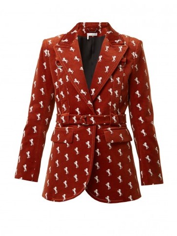 CHLOÉ Horse-embroidered cotton-blend velvet jacket ~ belted terracotta-brown, chevaux motif tailored jacket - flipped