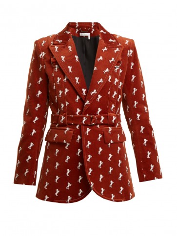CHLOÉ Horse-embroidered cotton-blend velvet jacket ~ belted terracotta-brown, chevaux motif tailored jacket