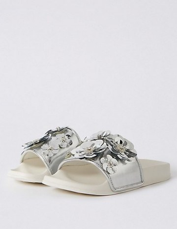 M&S COLLECTION Jewel Flower Sliders – silver floral flats - flipped