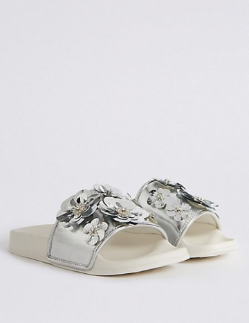 M&S COLLECTION Jewel Flower Sliders – silver floral flats