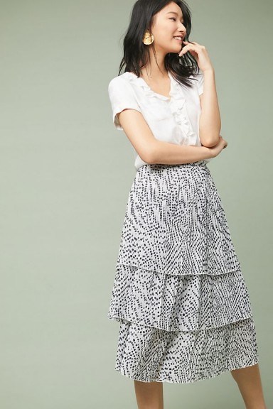 Kachel Helga Ruffle-Tiered Printed Skirt | white and black | polka dots - flipped