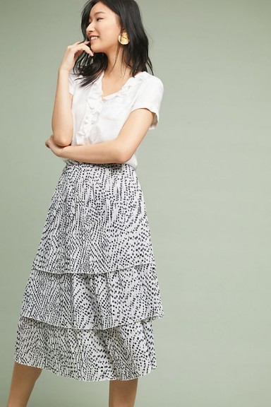 Kachel Helga Ruffle-Tiered Printed Skirt | white and black | polka dots