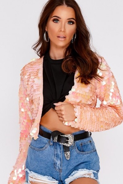 IN THE STYLE KARREY PINK SEQUIN CROPPED JACKET – shimmering sequins - flipped