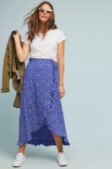 Maeve Katherine Printed-Wrap Midi Skirt in Blue | ruffle trimmed summer skirts