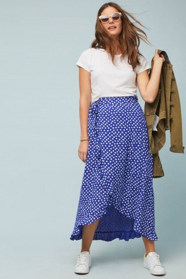 Maeve Katherine Printed-Wrap Midi Skirt in Blue | ruffle trimmed summer skirts - flipped