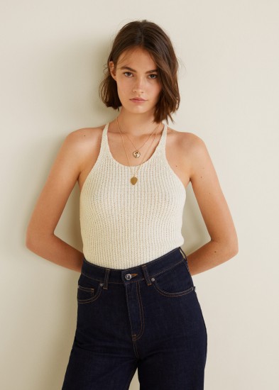 Olivia Palermo knitted halterneck top, on Instagram, 15 June 2018, MANGO Knit halter top in ecru. Celebrity casual style fashion