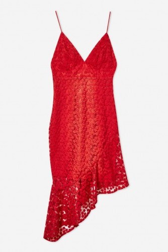 Topshop Lace Plunge Asymmetrical Hem Dress in Red | plunging necklines - flipped