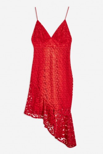 Topshop Lace Plunge Asymmetrical Hem Dress in Red | plunging necklines