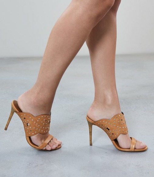 LASA STUDDED MULES TAN ~ light-brown high heeled sandals - flipped