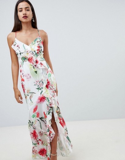 Lipsy printed wrap frill cami maxi dress | long ruffle trimmed occasion slip