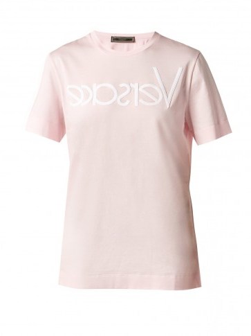 VERSACE Logo-embroidered cotton-jersey T-shirt ~ pale-pink tee - flipped