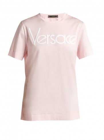 VERSACE Logo-embroidered cotton-jersey T-shirt ~ pale-pink tee