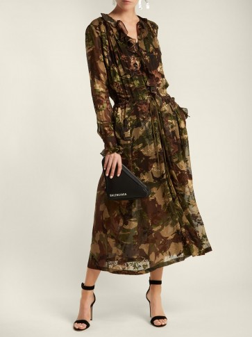 PREEN BY THORNTON BREGAZZI Lucinda camouflage-print hammered silk dress ~ femme style camo frock