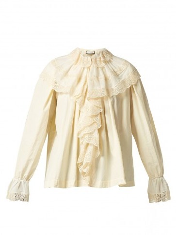 GUCCI Macramé lace-trimmed ivory cotton blouse ~ romantic ruffles - flipped