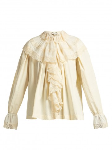 GUCCI Macramé lace-trimmed ivory cotton blouse ~ romantic ruffles