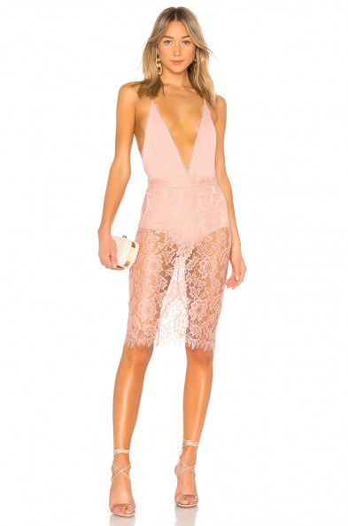 Michael Costello X REVOLVE ADRIAN DRESS in blush | plunge front top with sheer lace skirt