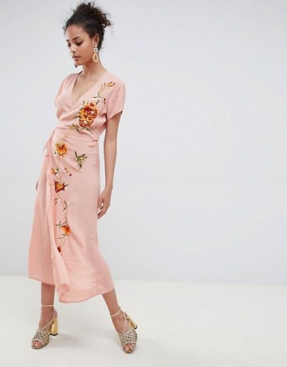Miss Selfridge embroidered cap sleeve wrap maxi dress in Pink | plunge front floral frock - flipped