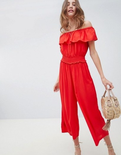 Miss Selfridge shirred waist culotte jumpsuit in red | off shoulder summer style - flipped