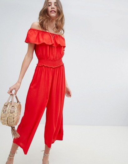 Miss Selfridge shirred waist culotte jumpsuit in red | off shoulder summer style