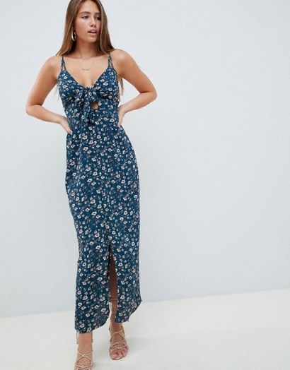 Missguided crepe floral strappy knot front Dress in Blue | plunge front summer maxi - flipped