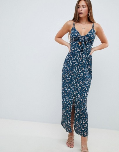 Missguided crepe floral strappy knot front Dress in Blue | plunge front summer maxi