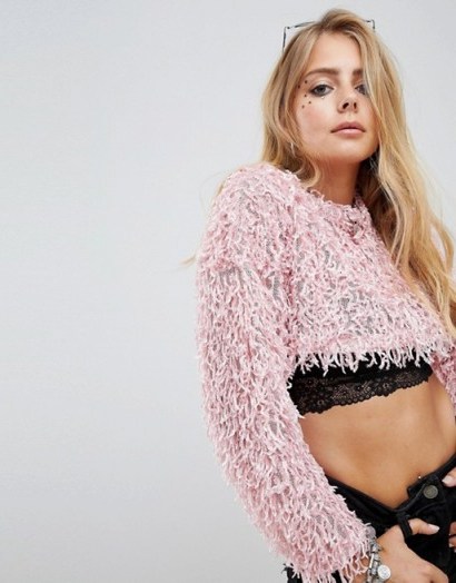 Motel crop Jumper in shaggy knit Rose Pink | knitted crop top - flipped