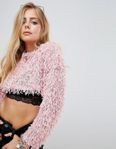 Motel crop Jumper in shaggy knit Rose Pink | knitted crop top