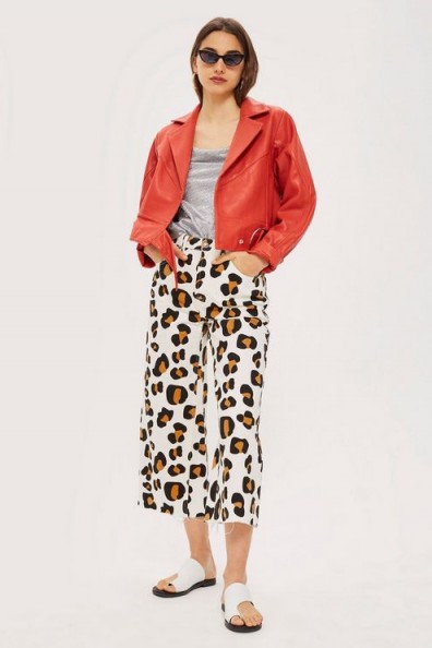 Topshop MOTO Animal Print Cropped Wide Leg Jeans | leopard style denim