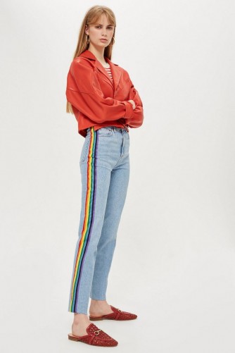 MOTO Mid Bleach Raw Hem Jeans | rainbow stripe denim