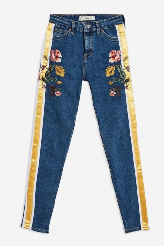 MOTO Mid Blue Embroidered Side Stripe Jamie Jeans | floral cropped skinnies