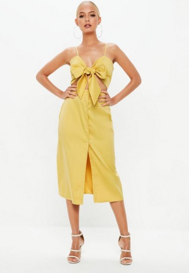 MISSGUIDED mustard tie front button down strappy midi dress – summer style fashion