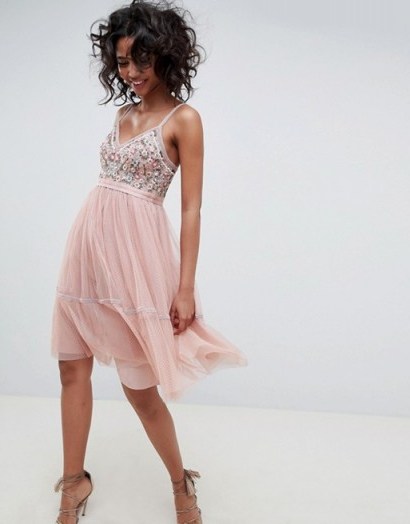 Needle & Thread embellished tulle midi dress with cami straps in vintage rose – pale pink occasion dresses - flipped