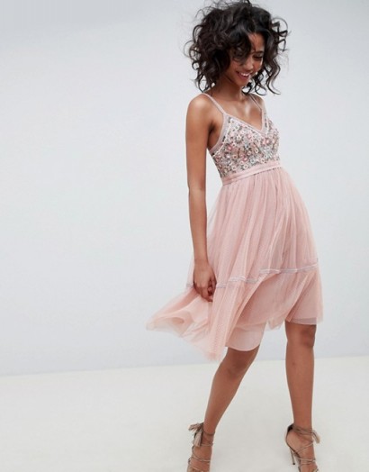 Needle & Thread embellished tulle midi dress with cami straps in vintage rose – pale pink occasion dresses