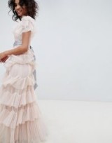 Needle & Thread tiered maxi gown with waistband in rose quartz – pale pink occasion gowns – feminine ruffles