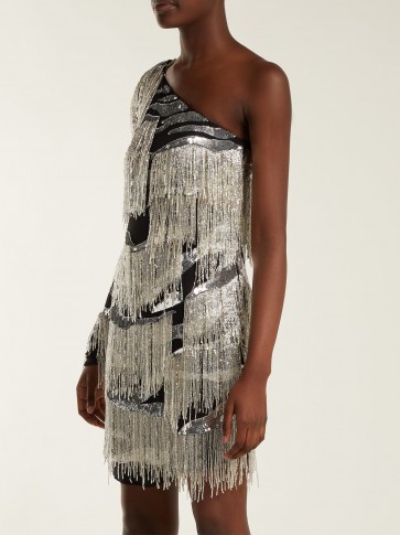 DUNDAS Black and Silver One-shoulder silk mini dress ~ evening glamour