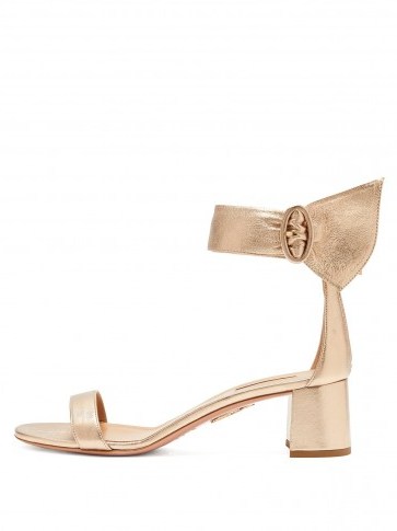 AQUAZZURA Palace 50 block-heel metallic leather sandals ~ gold ankle strap shoes - flipped