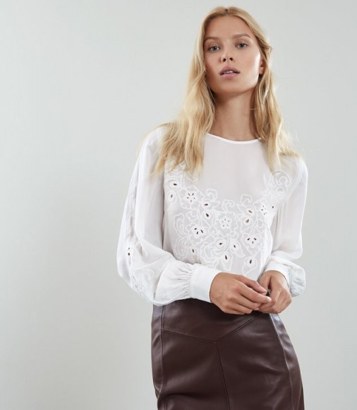 REISS PANSY FLORAL EMBROIDERED BLOUSE WHITE ~ feminine cut-out top