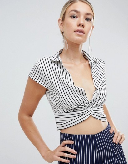 Parallel Lines twist front blouse in stripe co-ord | plunging cropped shirt