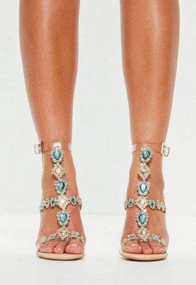 peace + love nude bejeweled heeled sandals ~ clear strap jewelled heels ~ evening luxe