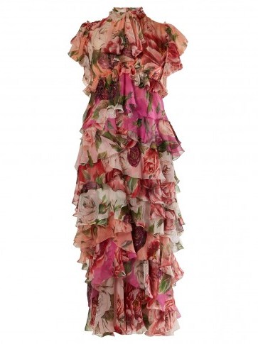 DOLCE & GABBANA Peony and rose-print tiered chiffon midi dress / my floral romance - flipped