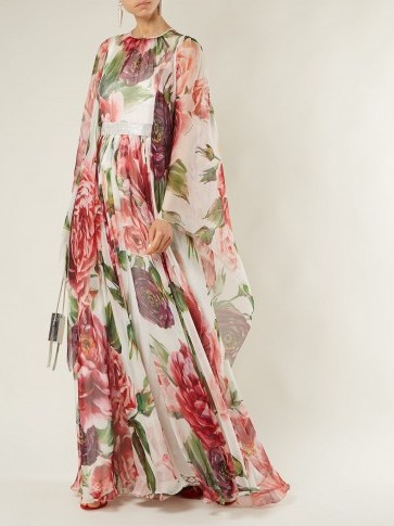 DOLCE & GABBANA Peony-print silk-chiffon dress ~ floaty wide sleeve floral gown ~ beautiful Italian clothing - flipped