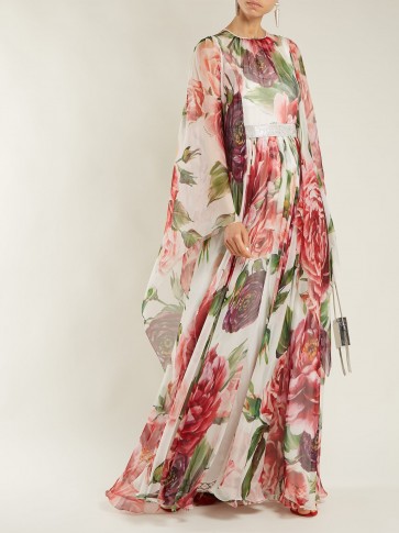 DOLCE & GABBANA Peony-print silk-chiffon dress ~ floaty wide sleeve floral gown ~ beautiful Italian clothing